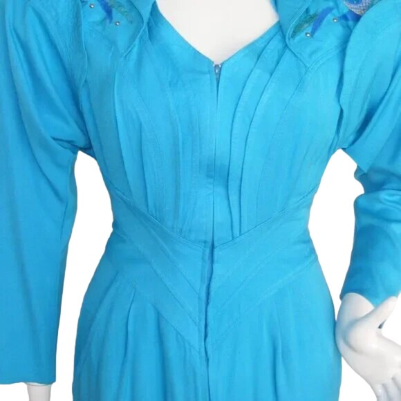 Avant Garde Dress, XS/S, VINTAGE, Aqua Blue, Statement Shoulders, Zip front, LS - Picture 3 of 15